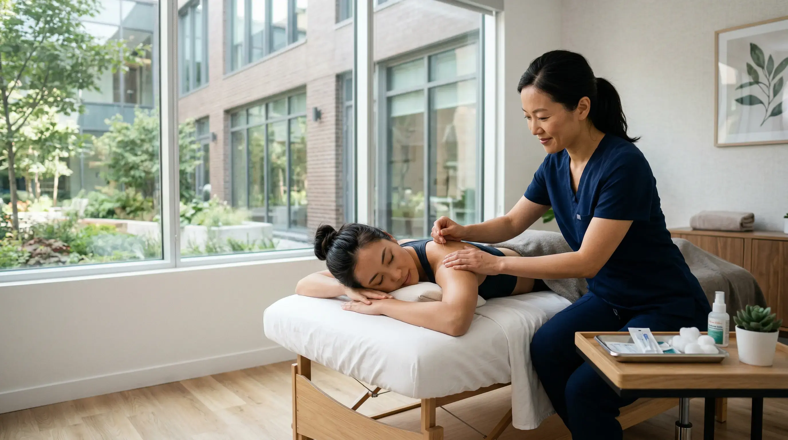 Registered acupuncturist performing traditional Chinese medicine acupuncture at Phoenix Rehab Burnaby