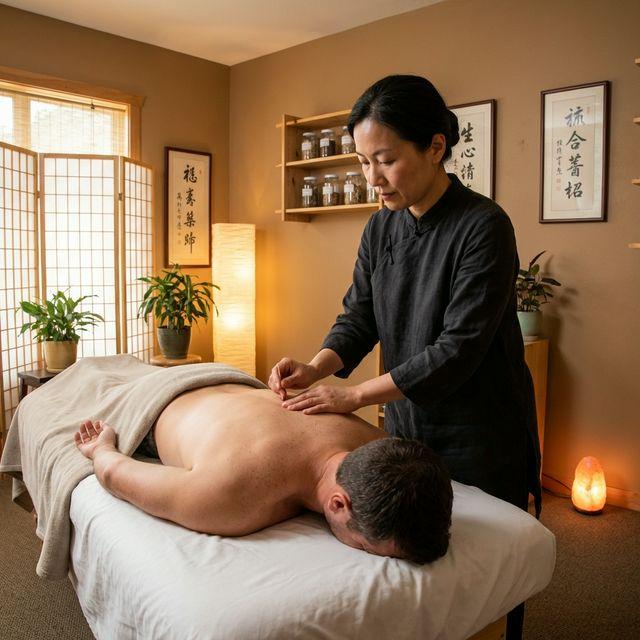 Registered acupuncturist performing traditional Chinese medicine acupuncture at Phoenix Rehab Burnaby