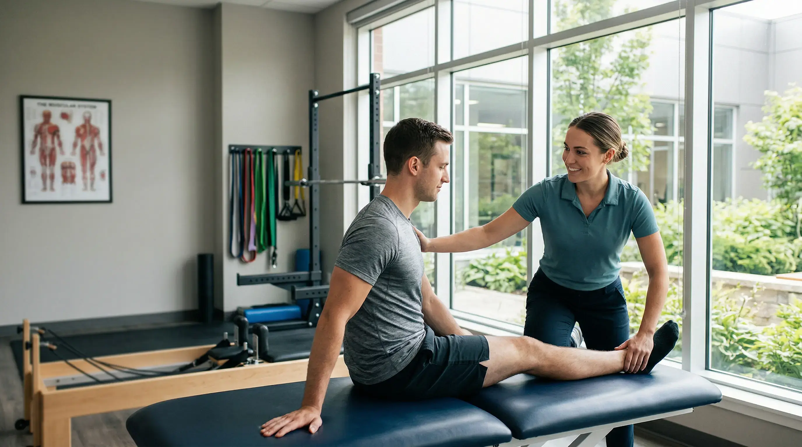Kinesiologist guiding patient through active rehabilitation exercise at Phoenix Rehab Burnaby