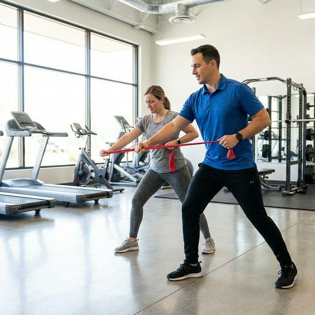 Kinesiologist guiding patient through active rehabilitation exercise at Phoenix Rehab Burnaby
