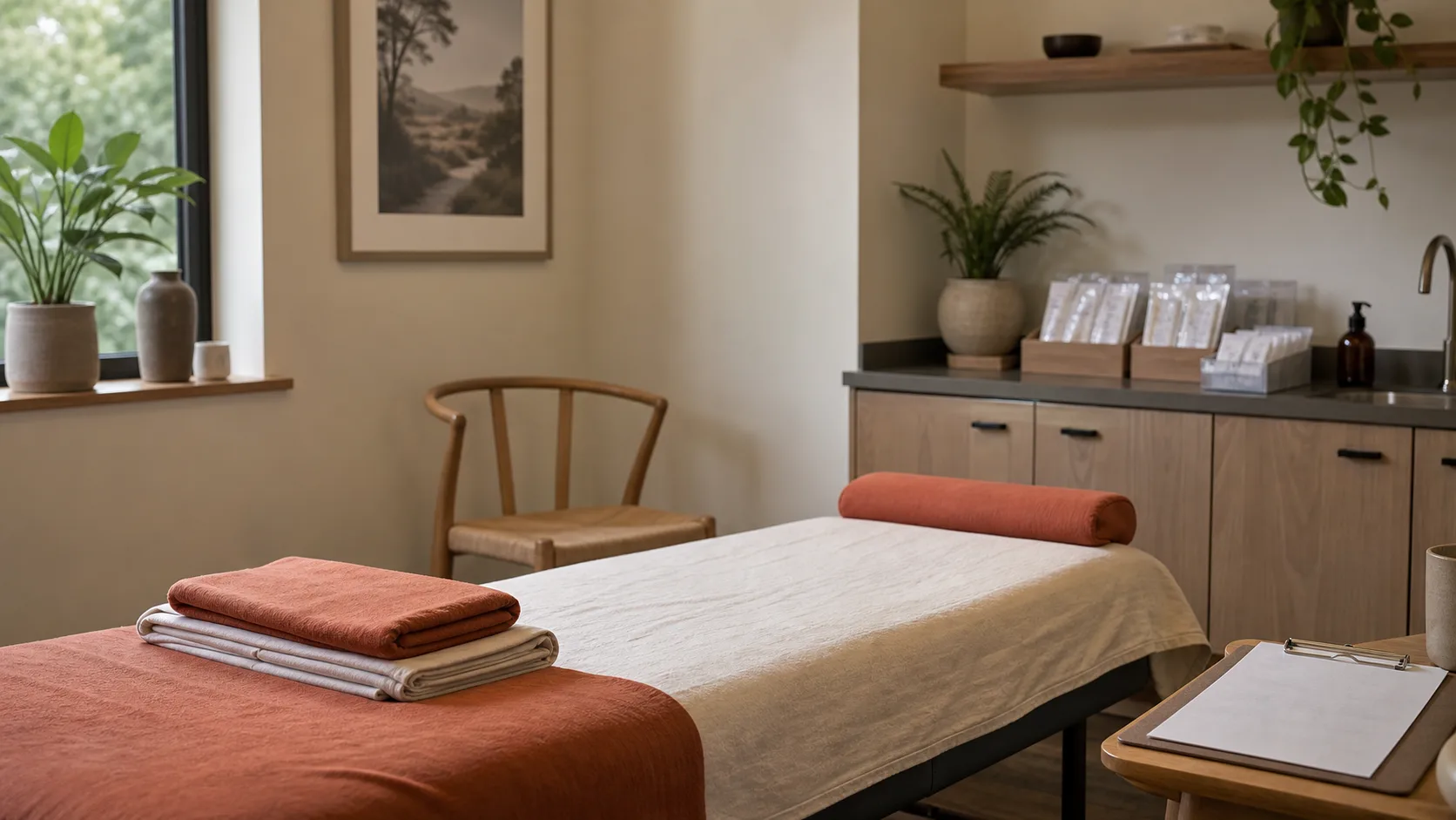 Calm acupuncture treatment room prepared for a chronic pain assessment session
