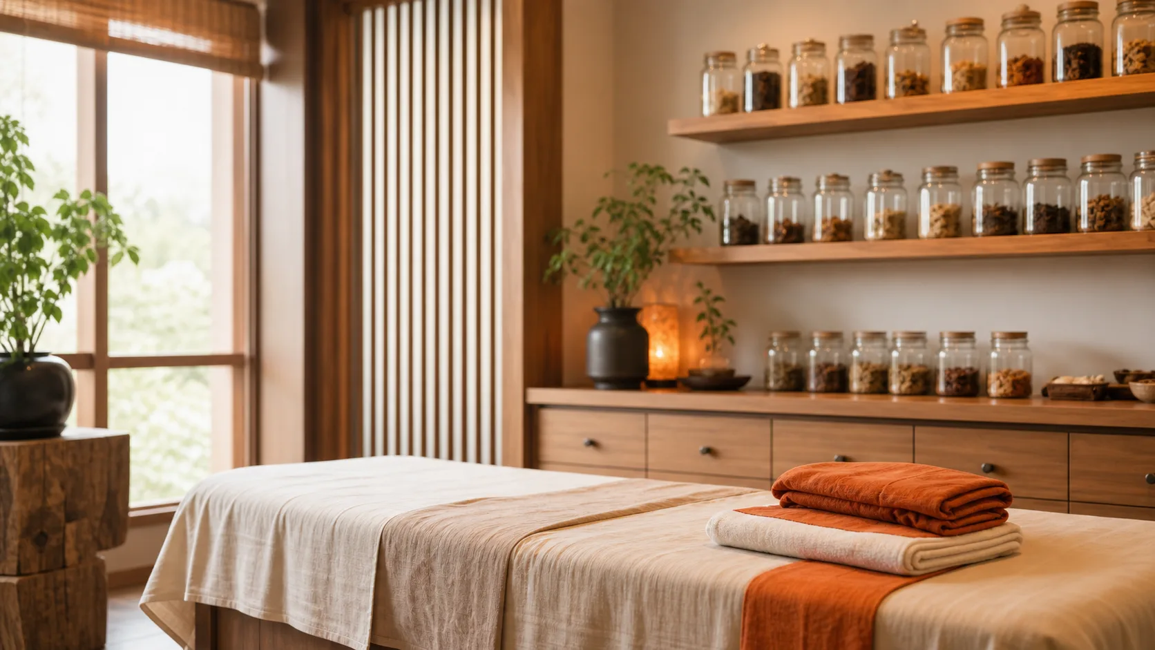 Calm Chinese Medicine treatment room with herbal jars and a prepared table