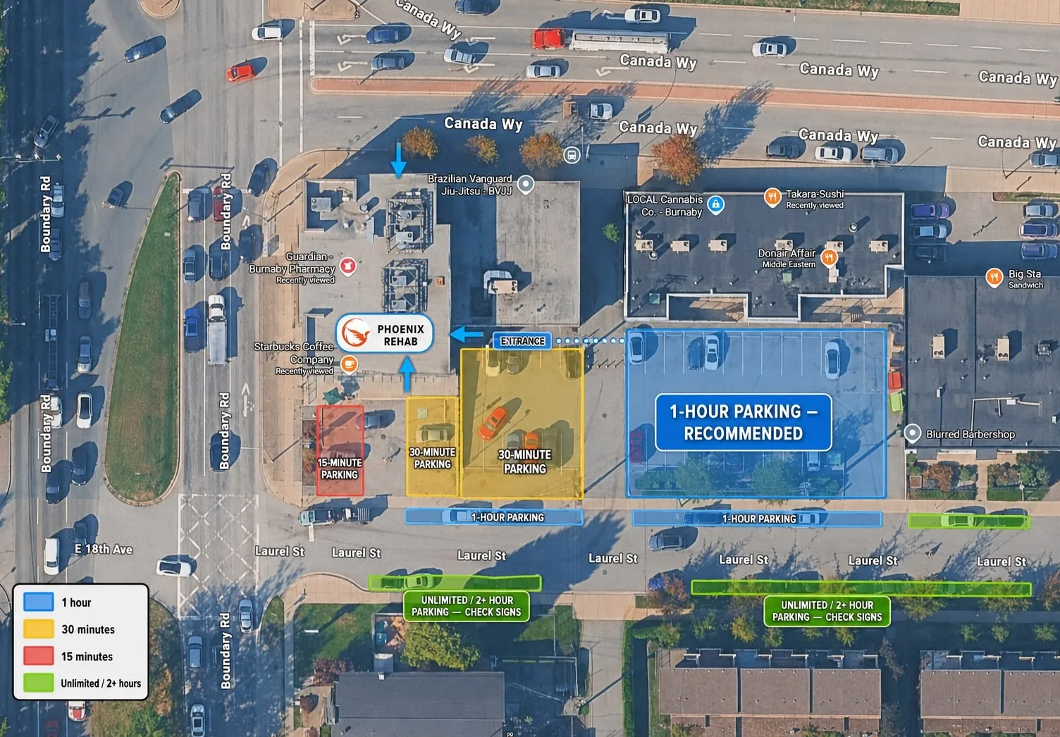 3300 Boundary Road의 Phoenix Rehab 주변 주차 안내 지도: 건물 동쪽 1시간 주차장(권장), 건물 옆 15분·30분 구역, Laurel 스트리트 노상 주차